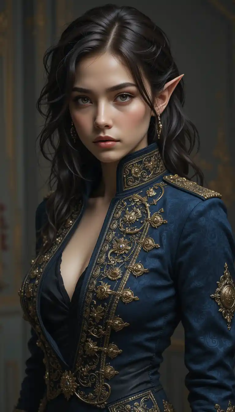 Ethereal elf like woman in ornate blue military jacket