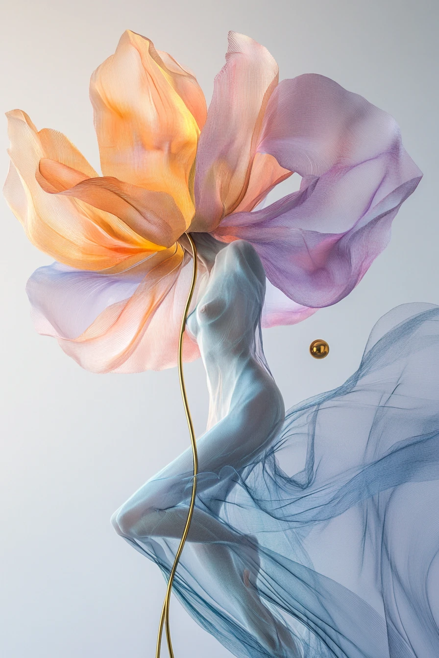 Ethereal woman of petals and flowing pastel fabric