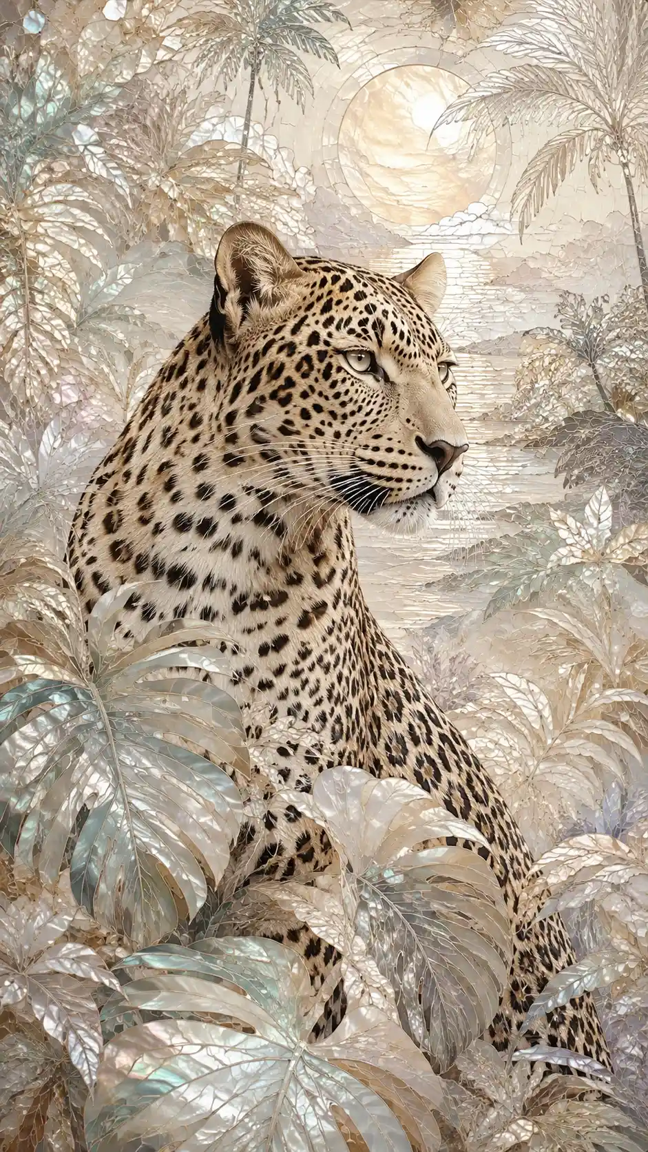 Majestic leopard emerging from a lush jungle mosaic
