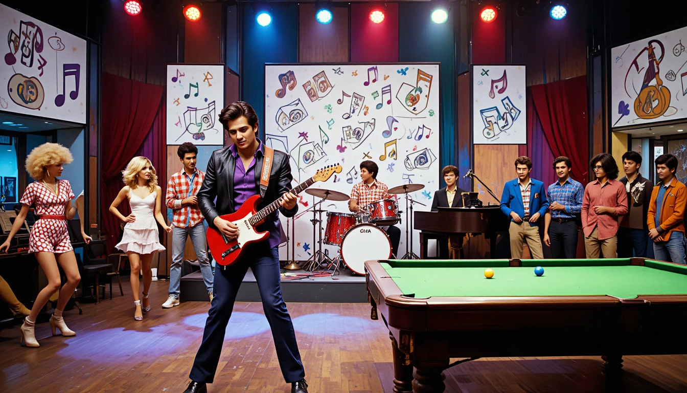 Rock guitarist performing on colorful retro tv stage