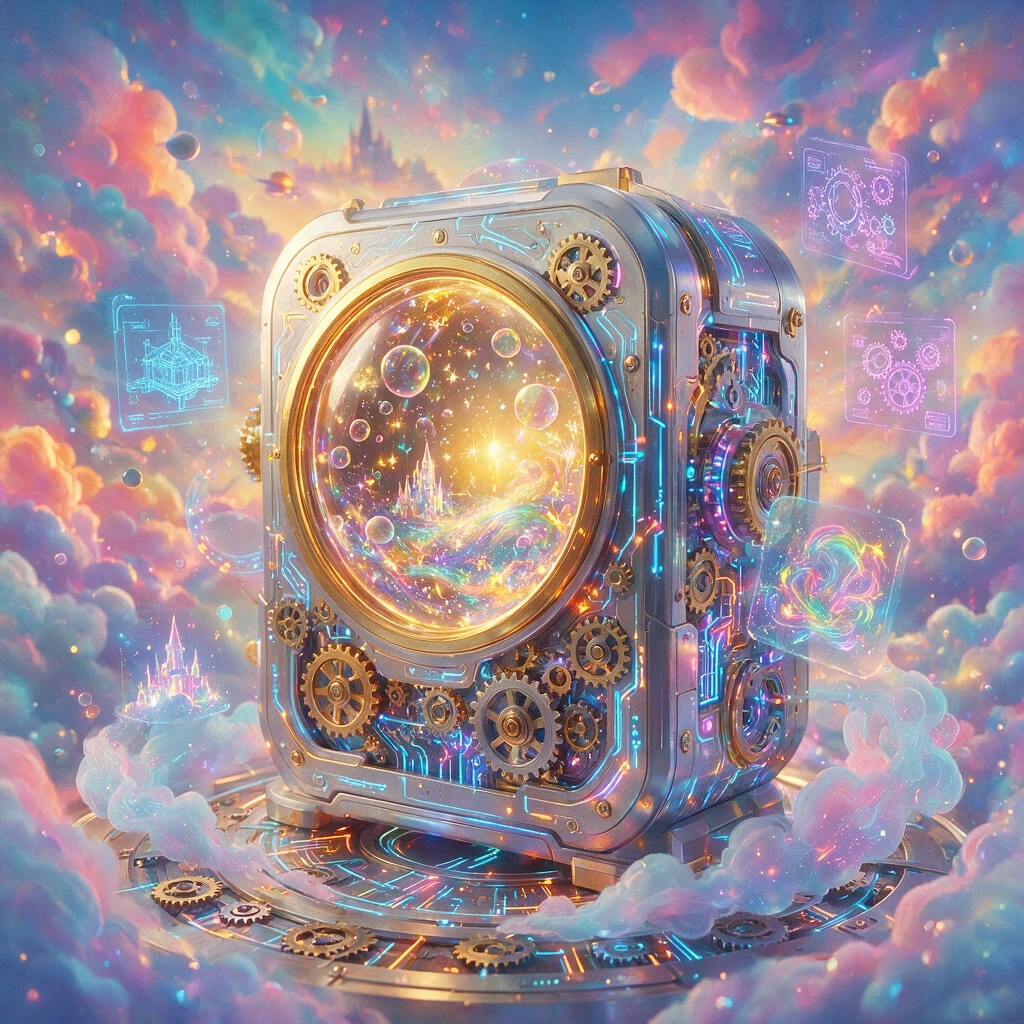 Surreal futuristic machine with holograms and glowing circuits