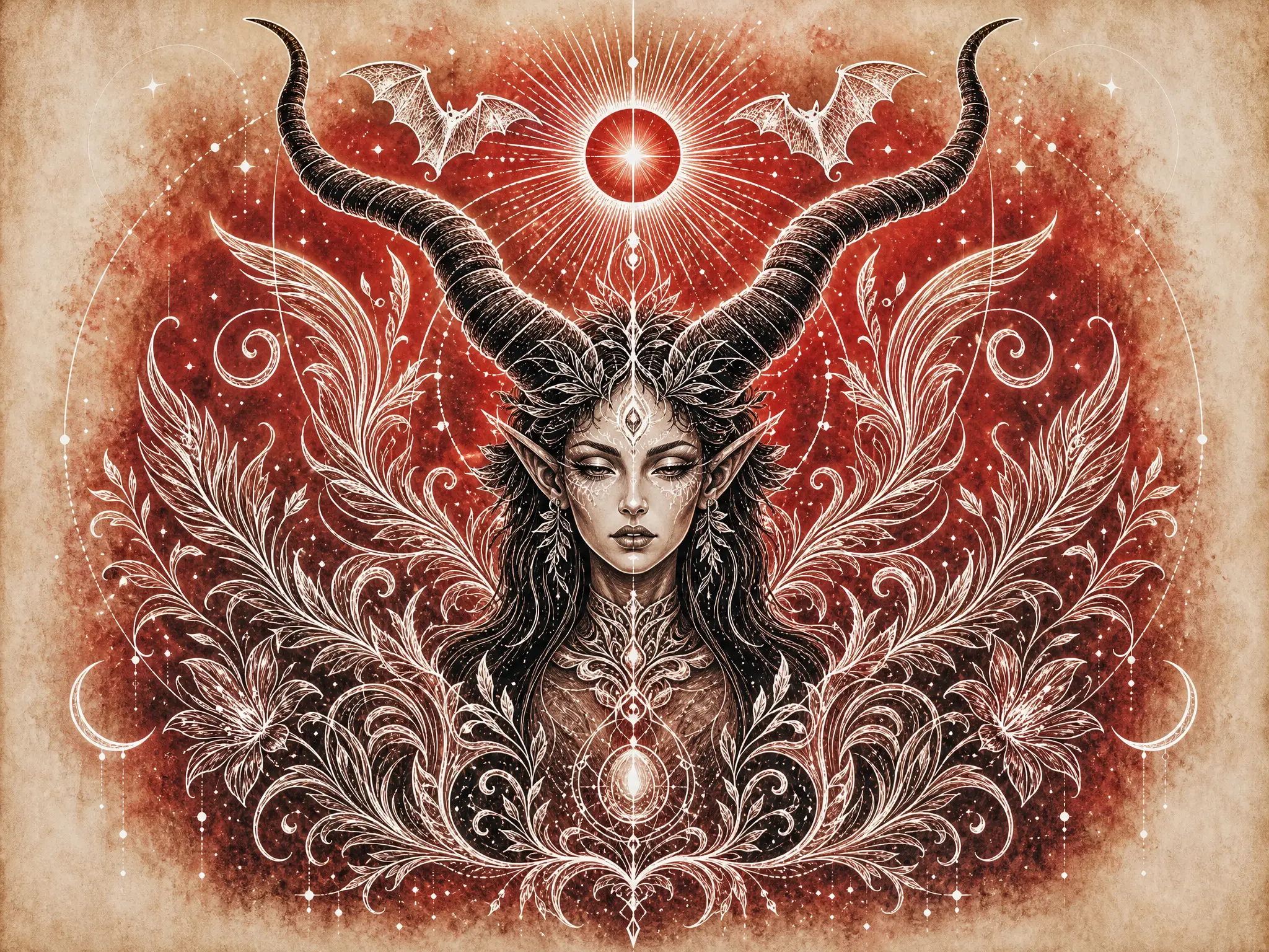 神聖魅魔肖像於發光赤紅地獄景致中
