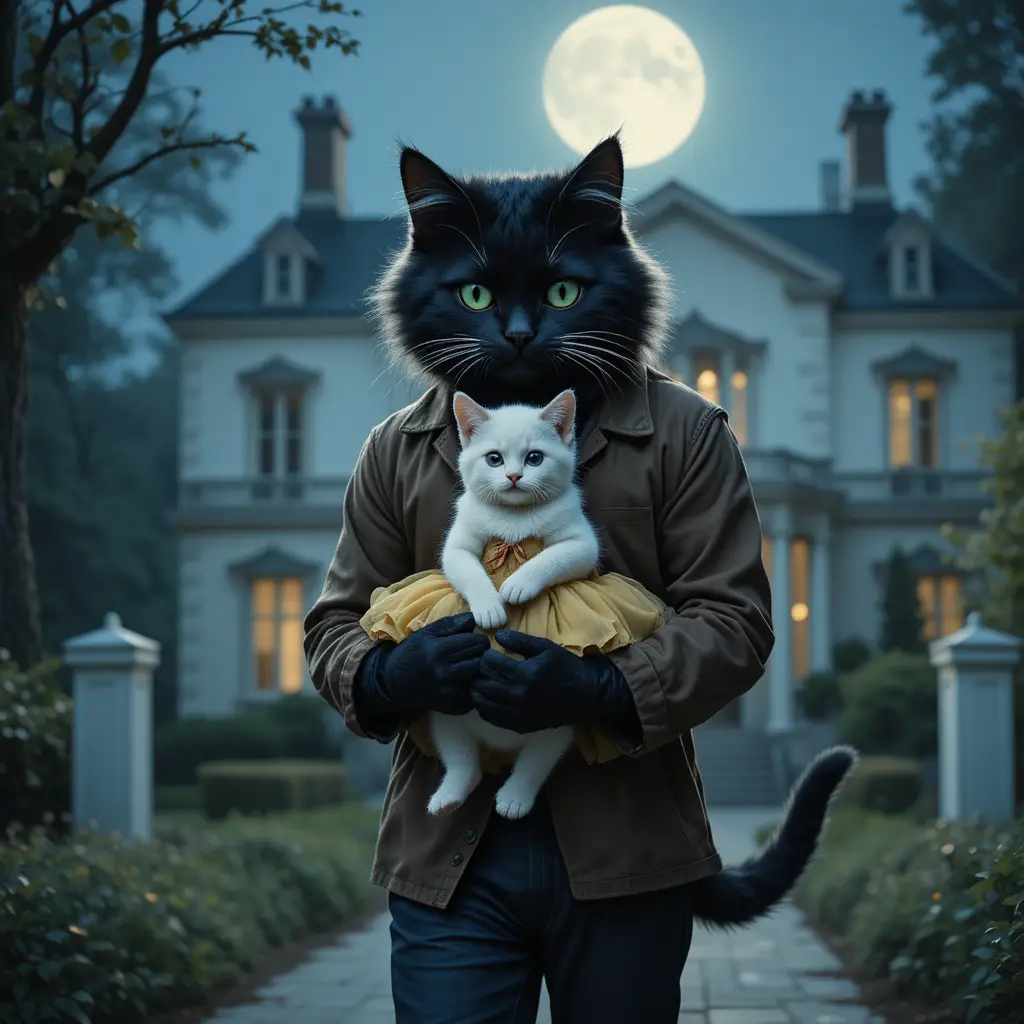 Gatto padre nero che porta un gattino bianco di notte