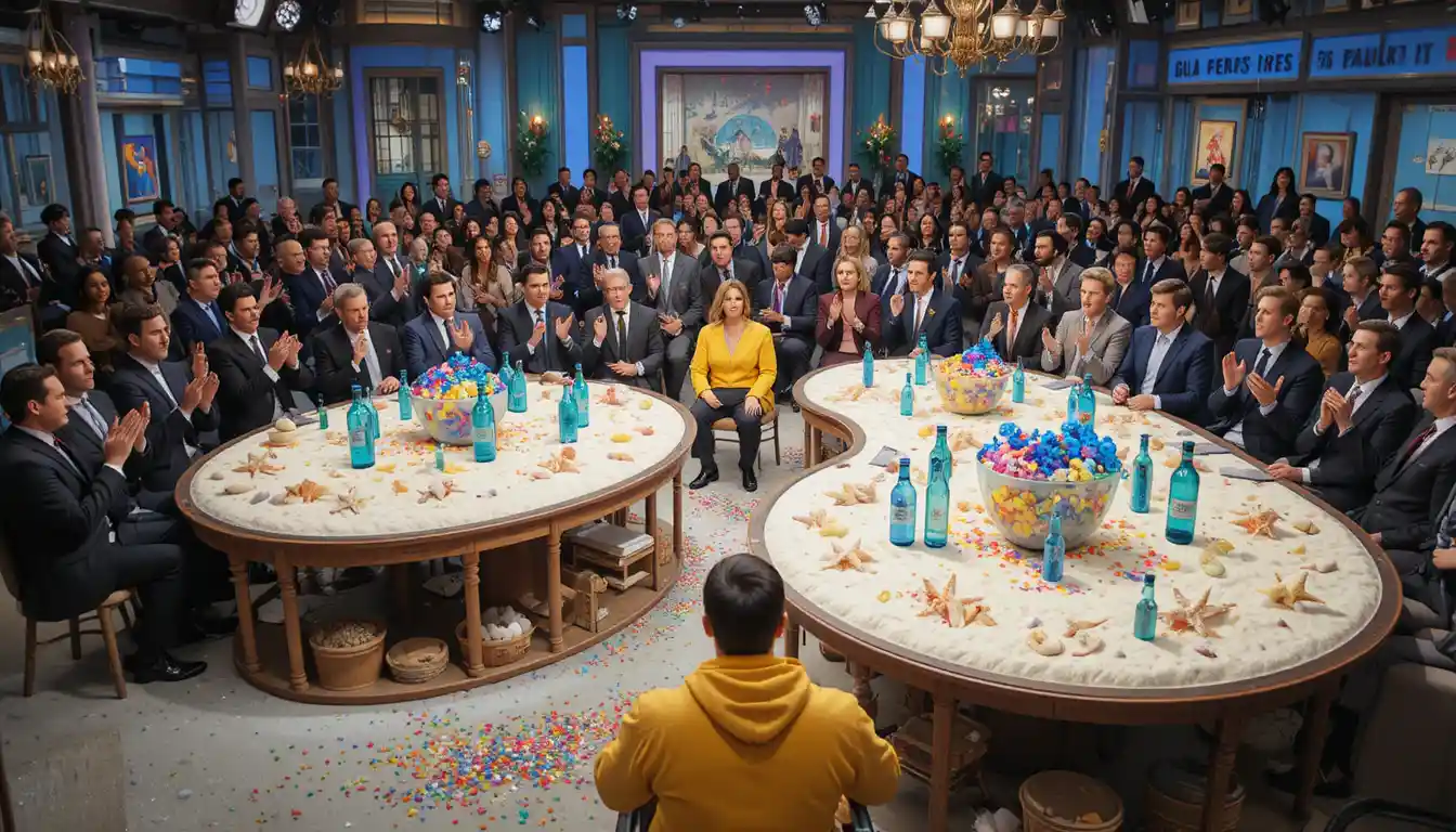Wide shot of guests clapping in a festive TV studio