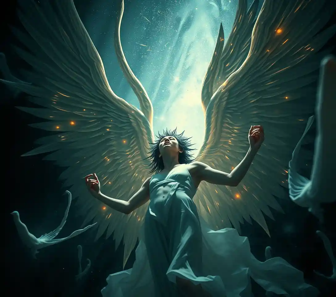 Surreal ascension of fallen angels in a dark celestial sky
