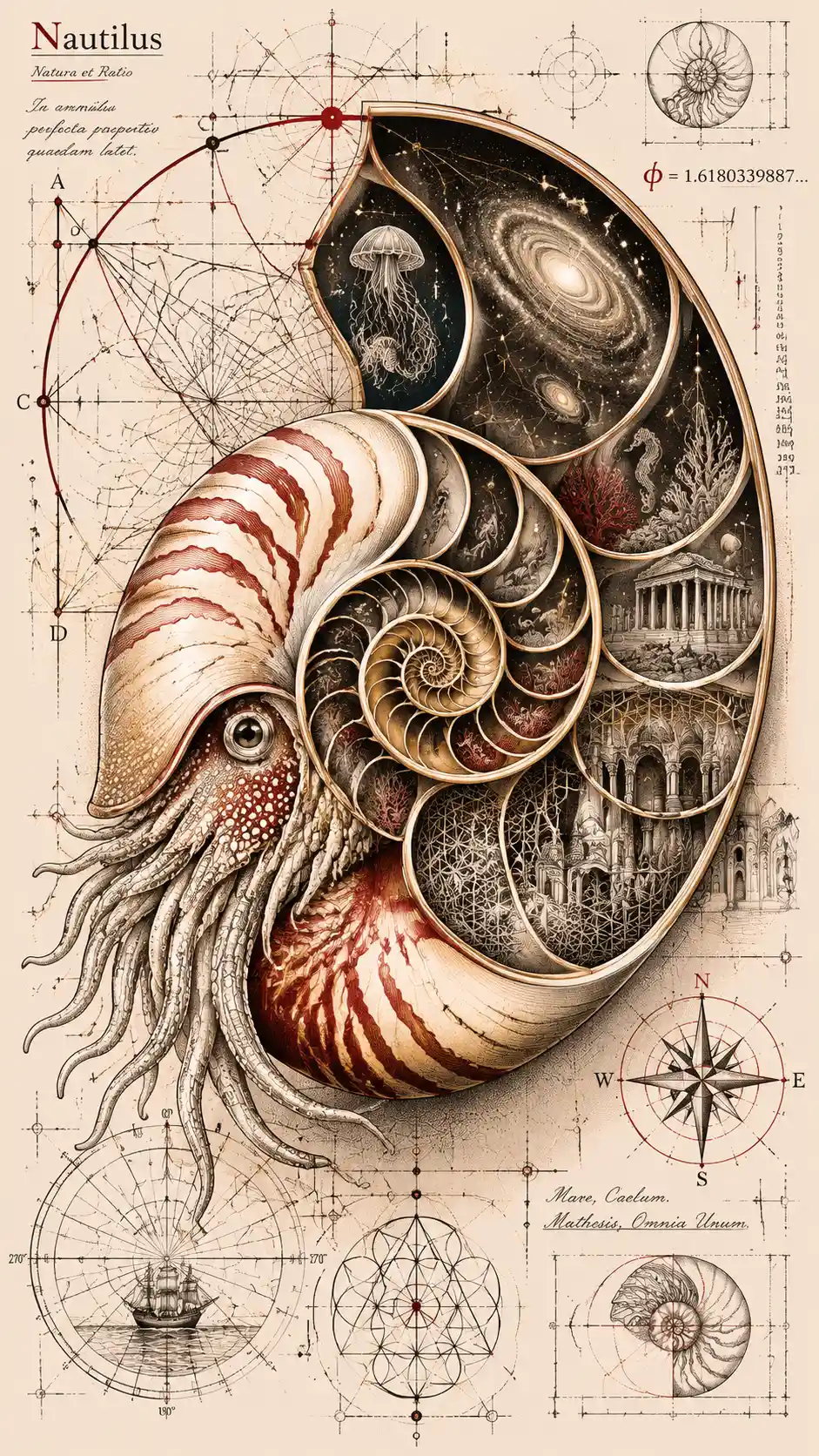 Nautilus shell unfolding into spirals and cosmic geometric forms