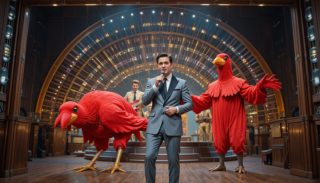 Host singing with red bird mascots on retro tv stage