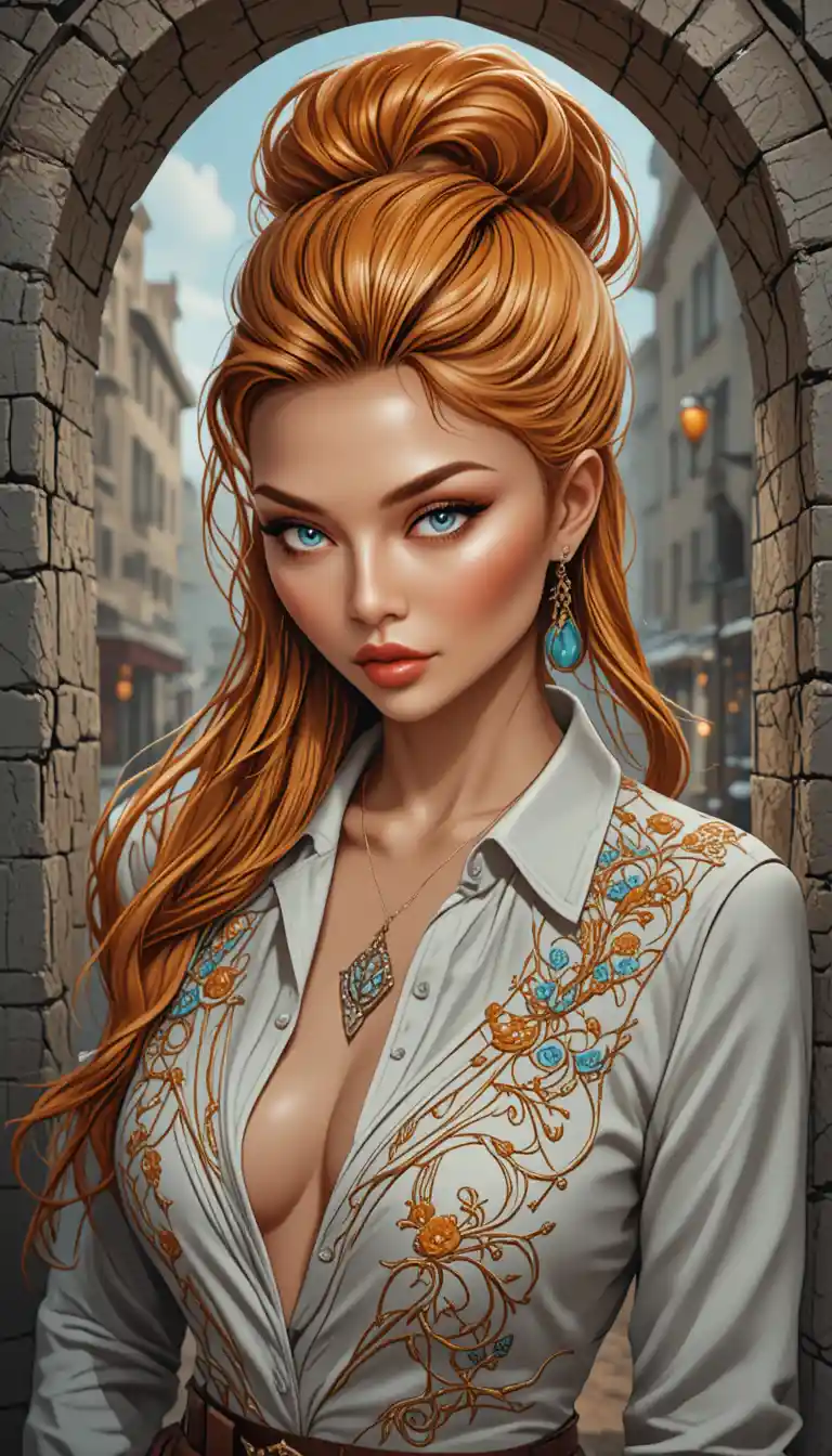 Confident orange haired girl in urban stone archway portrait