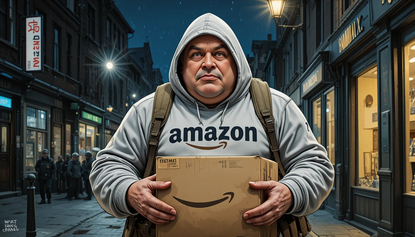 Hooded man holding a box at a city intercom at night