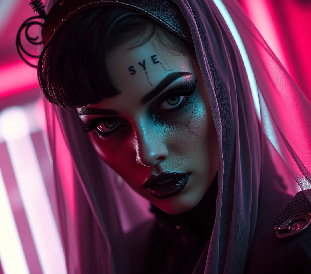 Futuristic widow in neon lit cinematic horror portrait