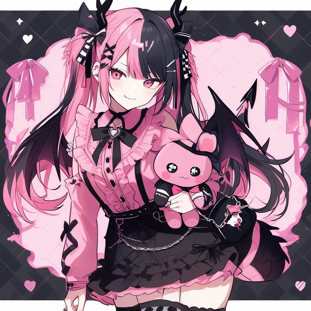Chica dragón de anime con coletas y peluche