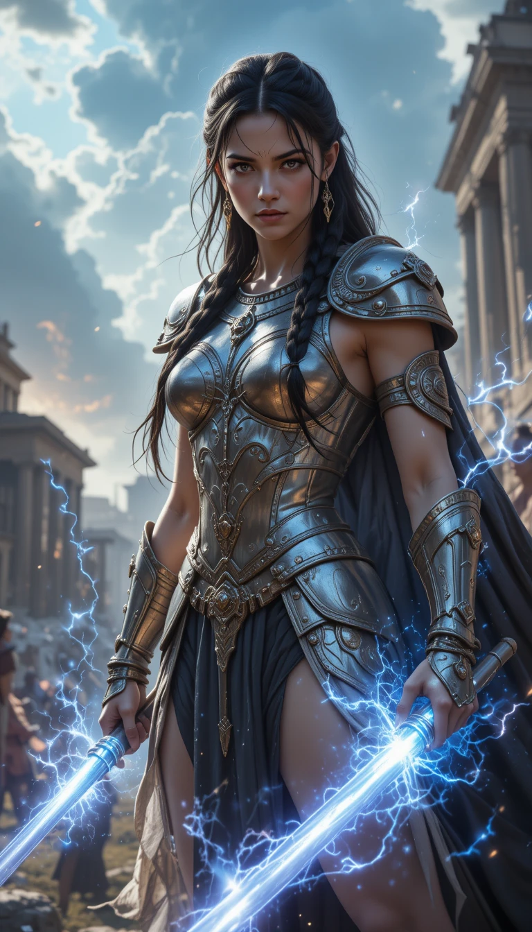Divine barbarian warrior woman in radiant silver armor