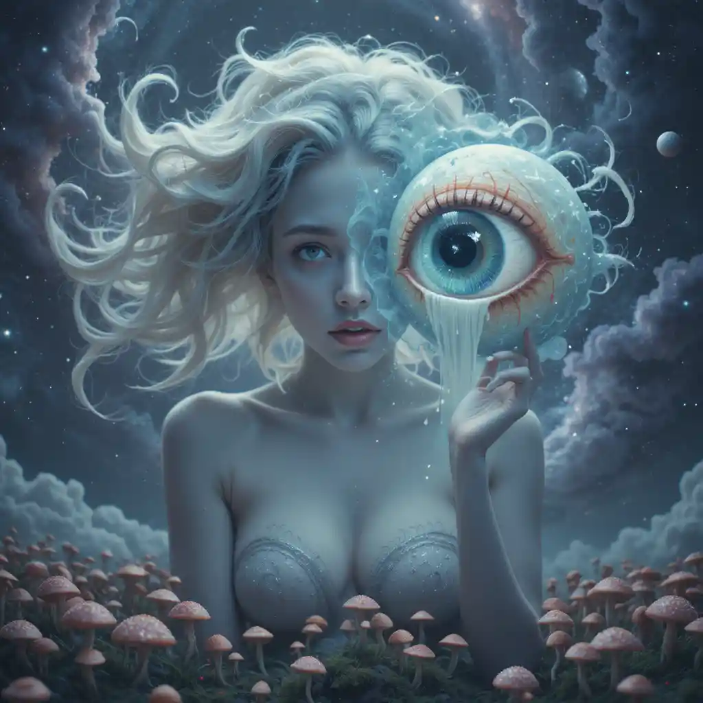 Surreal Woman Floating In Cosmic Space With Disembodied Eye