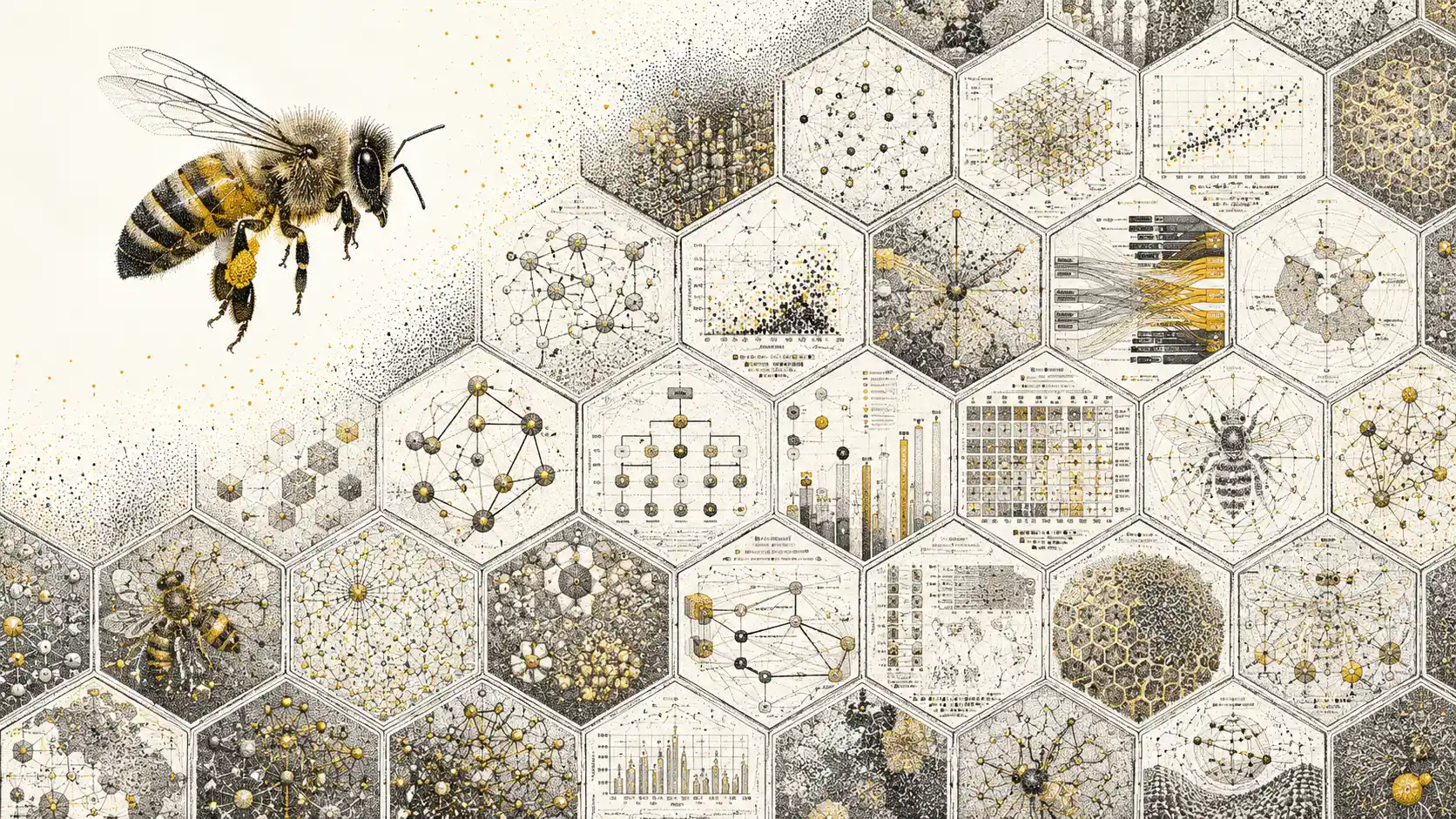 Honeybee Above Surreal Honeycomb Of Data Visualizations
