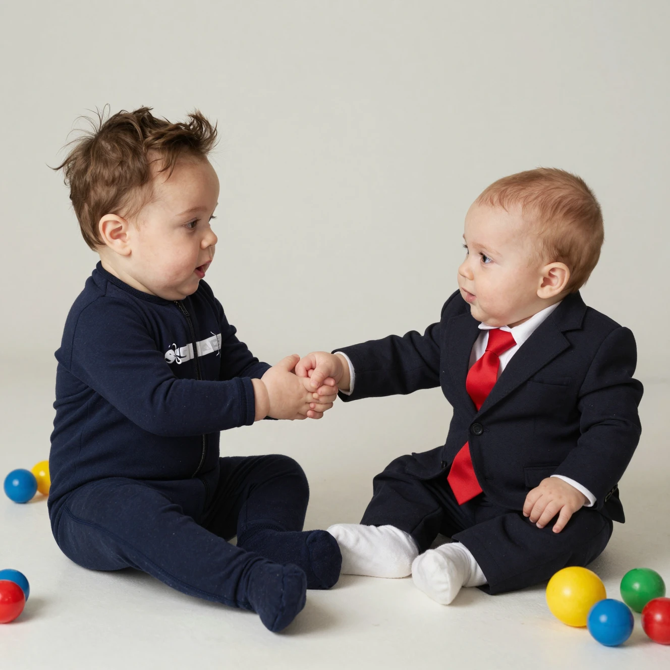 Two playful chubby babies tugging at toys on the floor