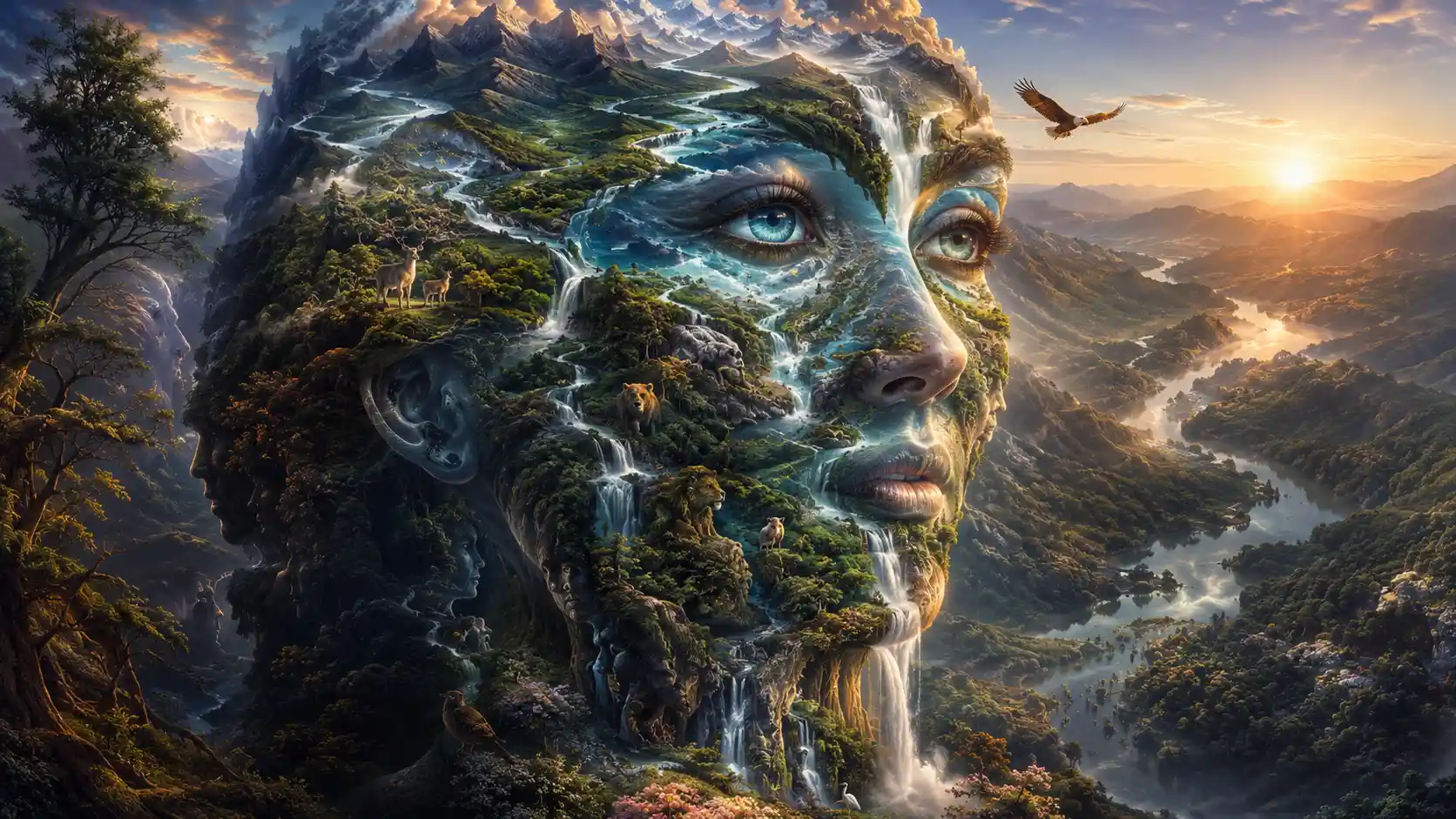 Surreal female face emerging from winding river landscape