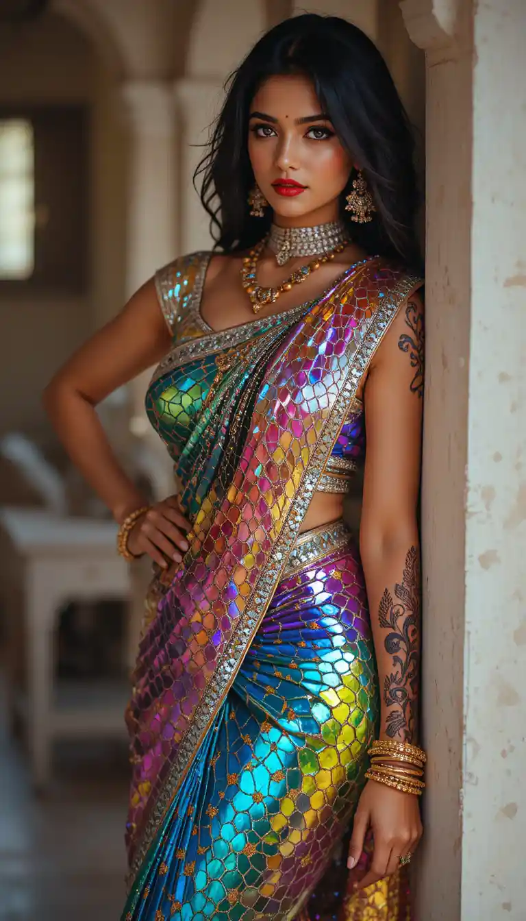 Indian woman in glossy mirror saree leaning and posing indoors