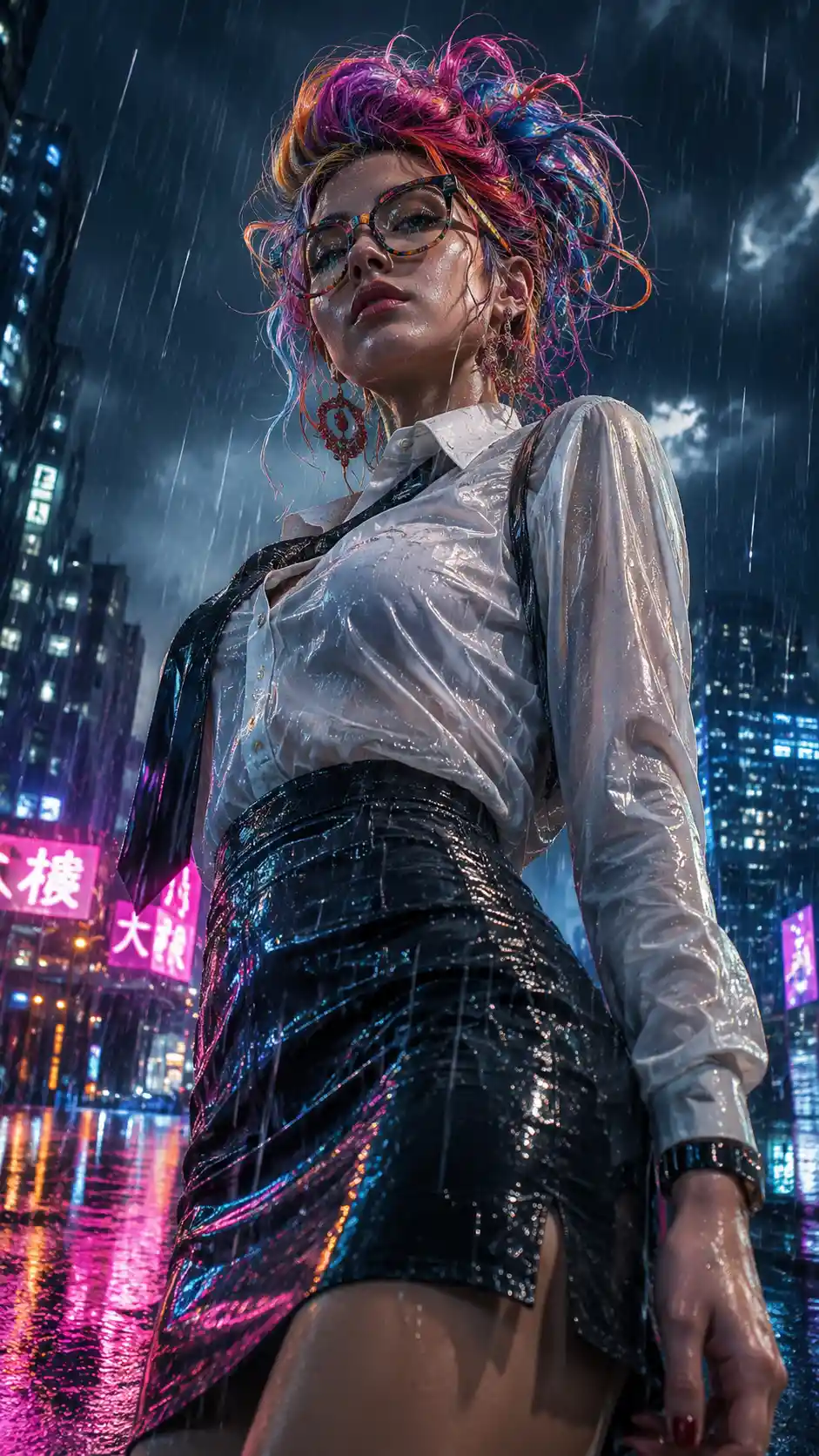 Wet neon fashion portrait of a woman in a storm