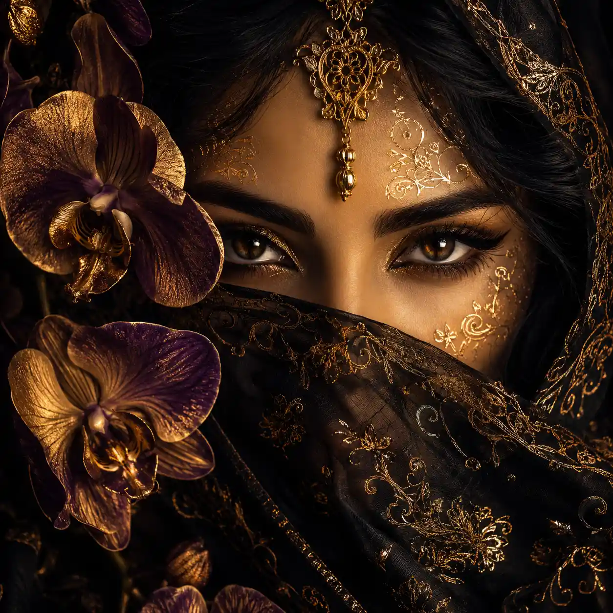 Regal veiled woman in extreme close up with golden details