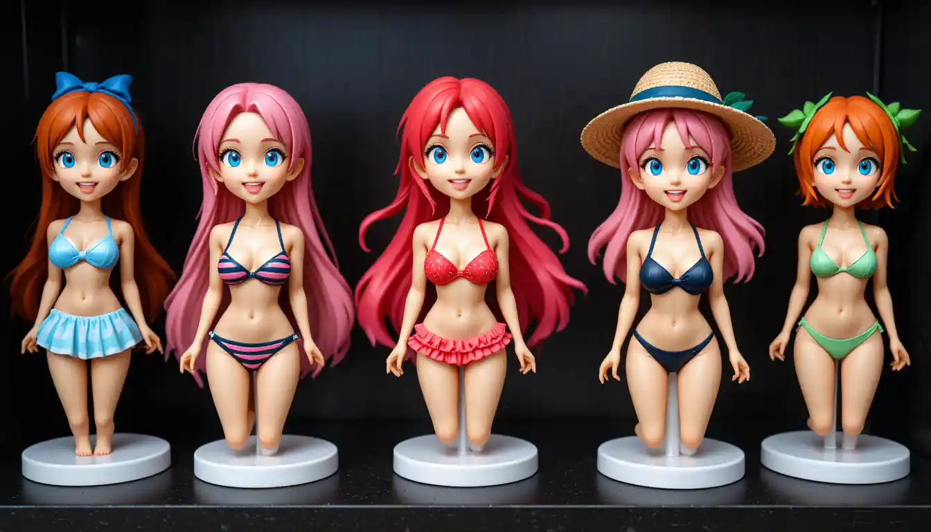 Colorful anime bikini figurines on a dark display shelf