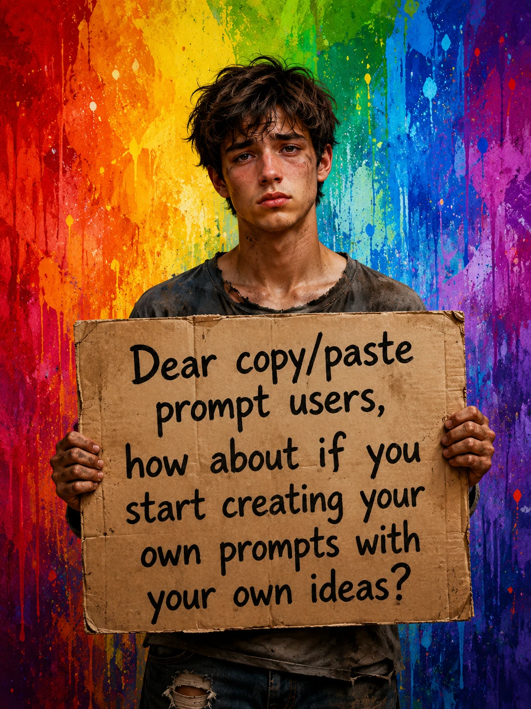 Sad young man holding a placard against rainbow colors