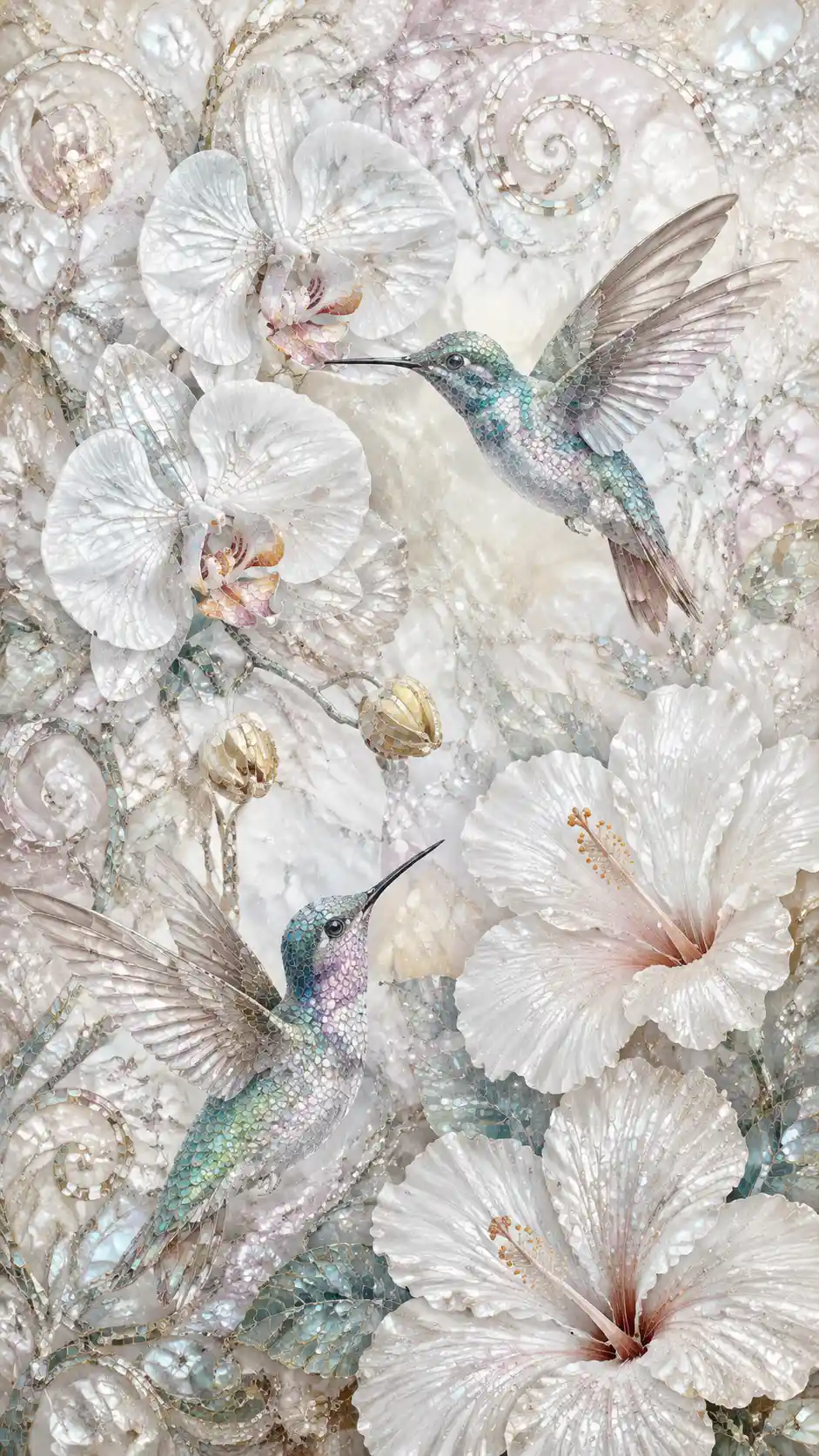 Orchidee bianche e colibrì in arte a mosaico astratta