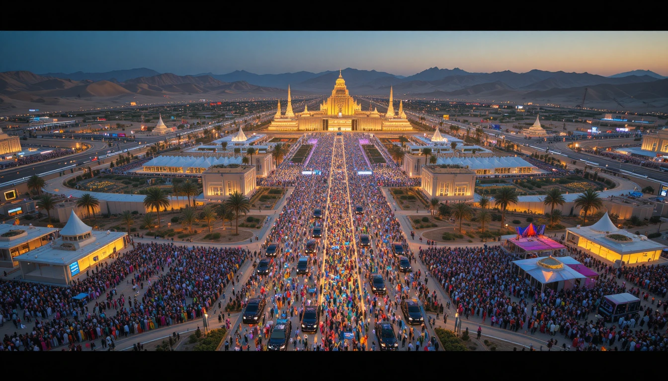 Aerial view of a vast desert festival with suv convoys