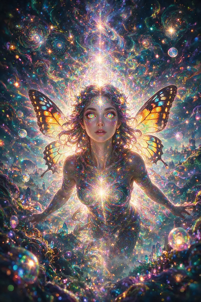 Diosa psicodélica con ojos caleidoscópicos y alas de mariposa
