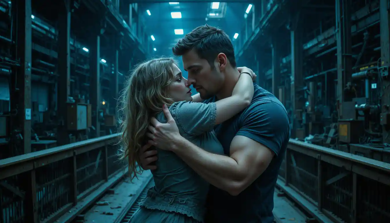 Emotional close up of Charlène collapsing into Yanis arms