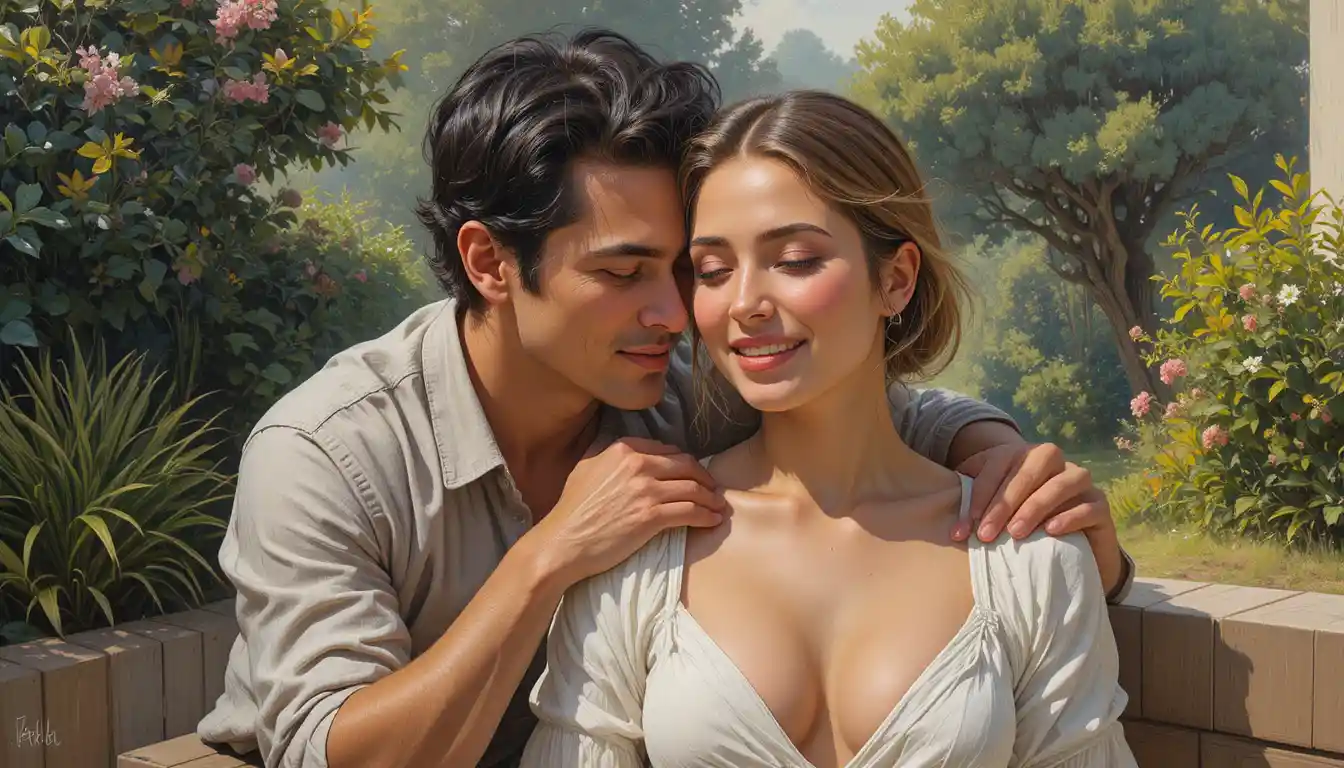 Intimate oil portrait of a young couple on a terrace