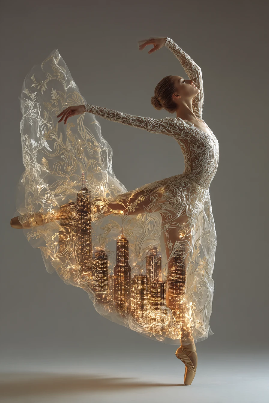 Bailarina elegante en encaje luminoso con ciudad surrealista