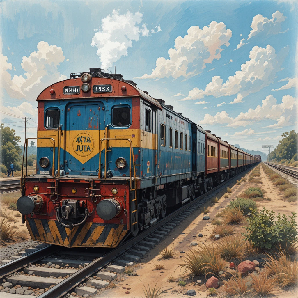 Cartoon monkey walking toward an Indian train scene