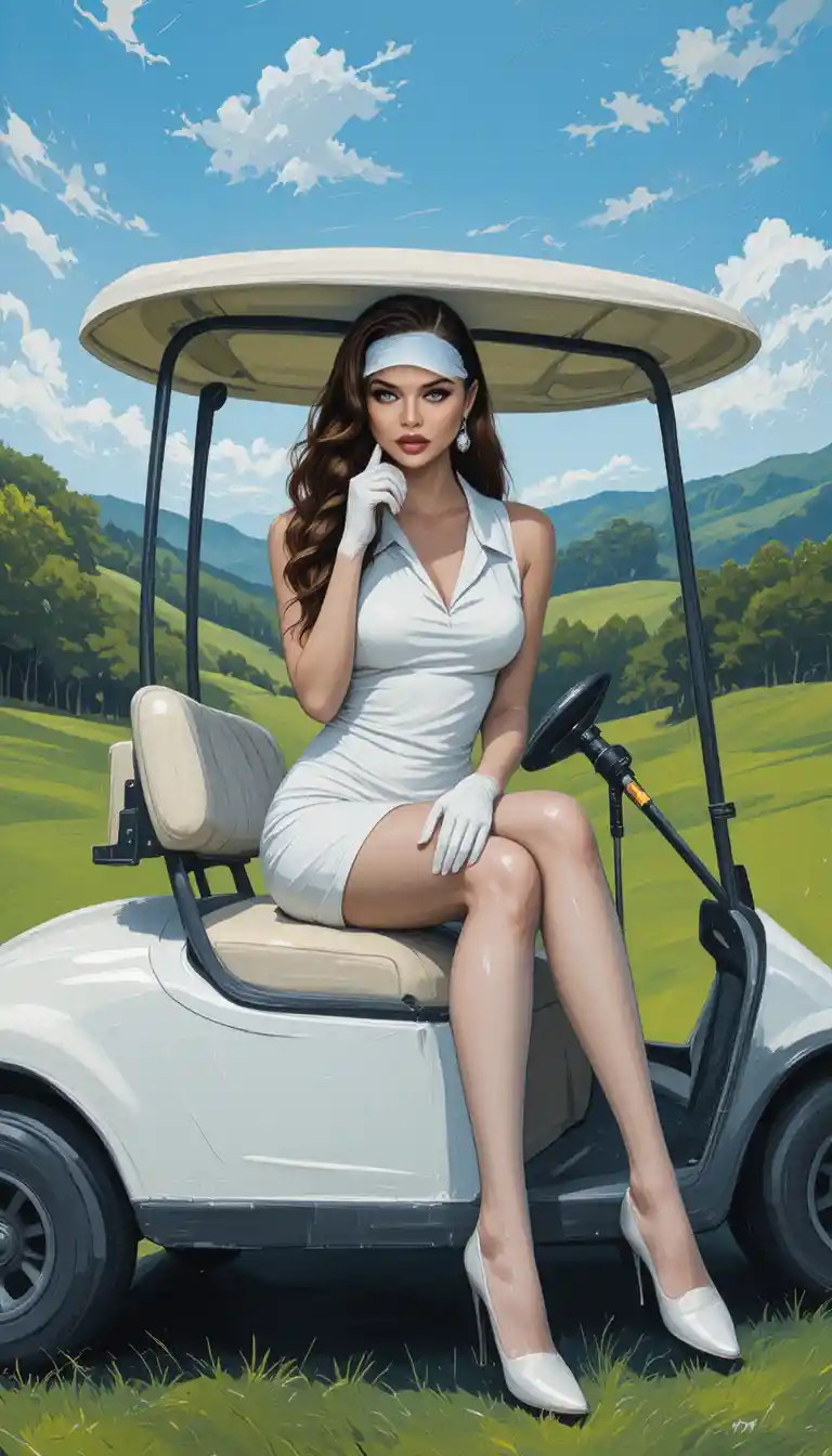 Stylish woman posing on golf cart on sunny green course