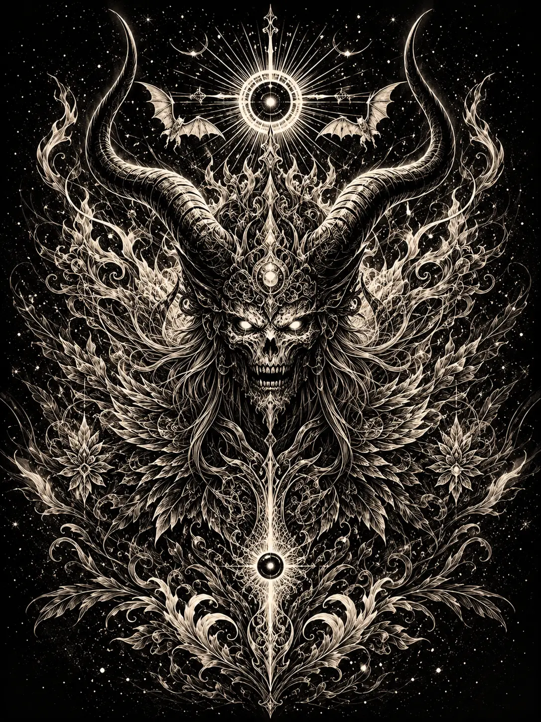 Symmetrical lich king with radiant horns in hellscape