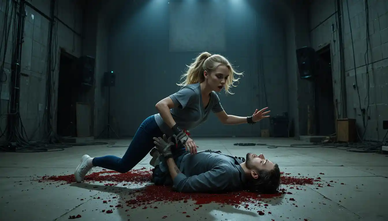 Young woman dragging an unconscious man in a dark studio
