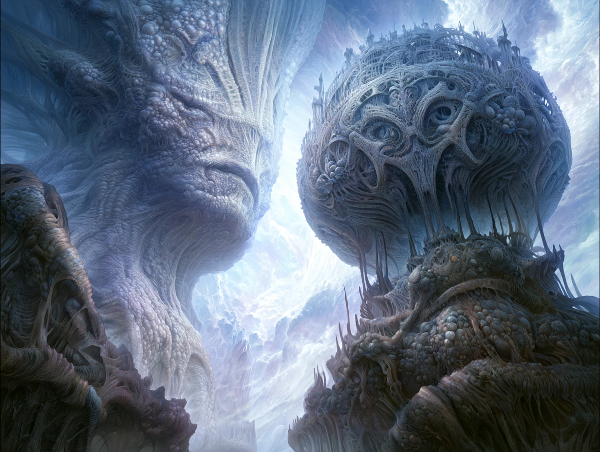 Colossal humanoid beings rising from a luminous primordial mire