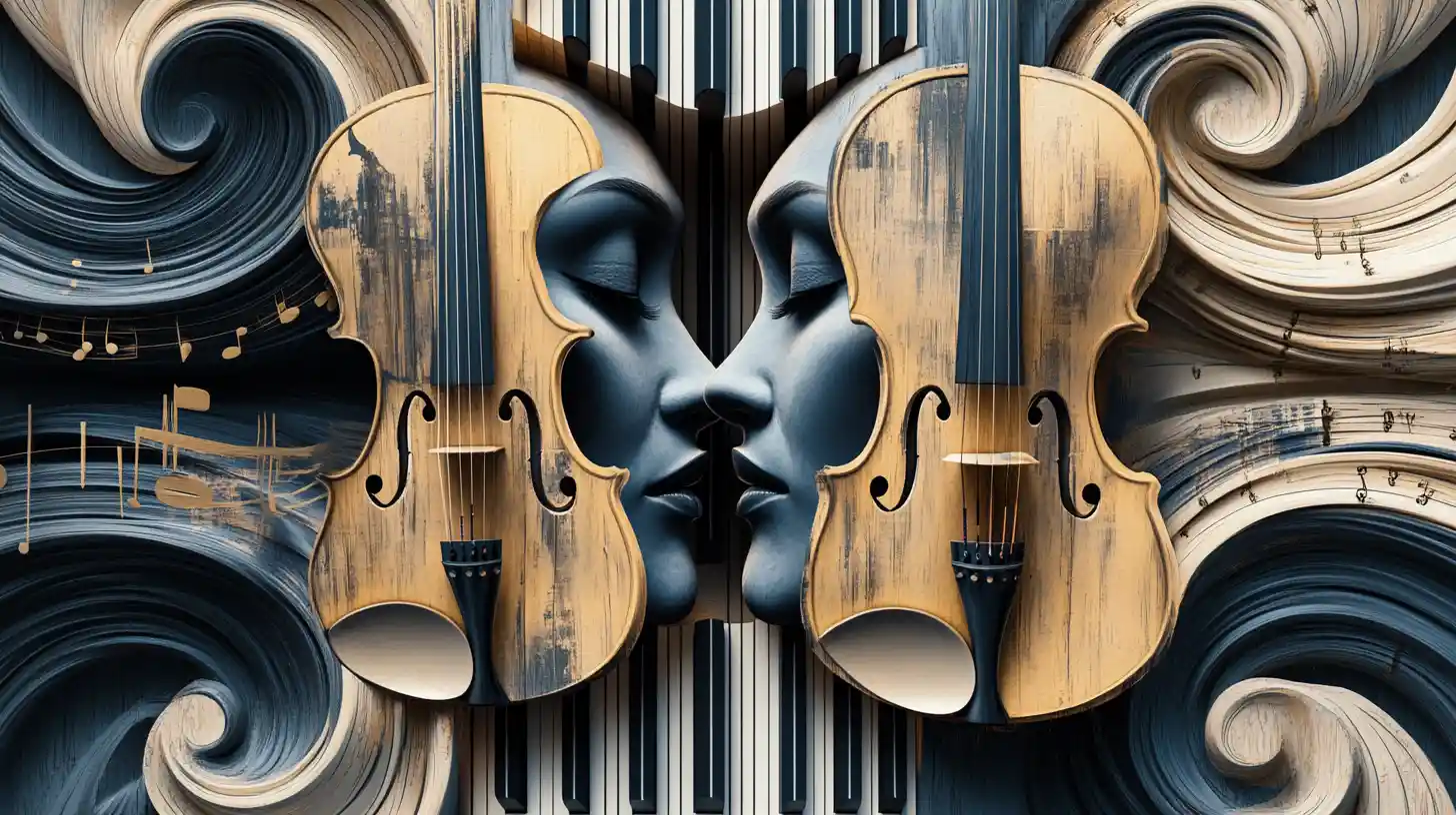 Surreal portrait shaped from orchestral instruments and flowing keys