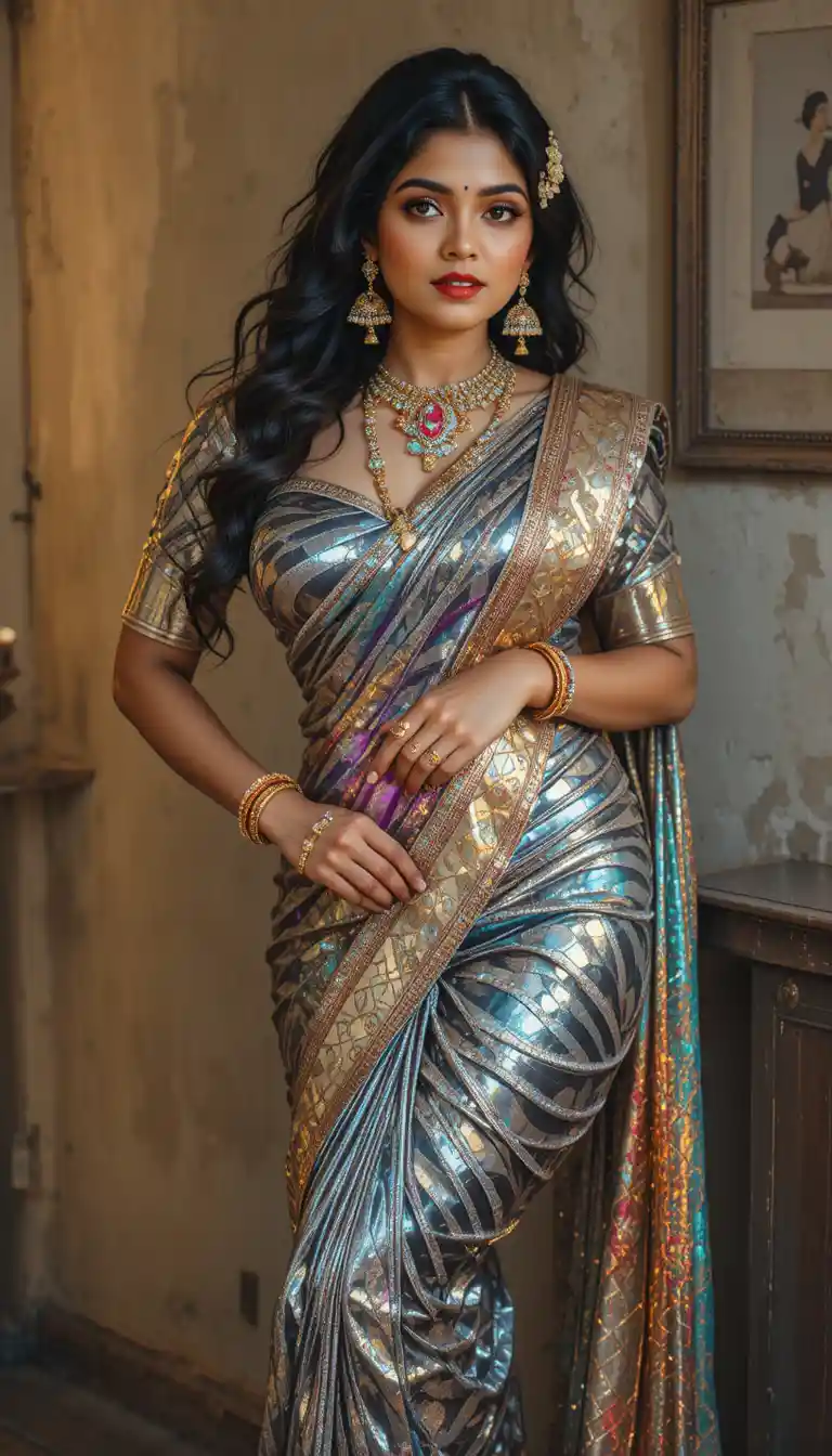 Tamil woman in reflective saree posing in an indoor room