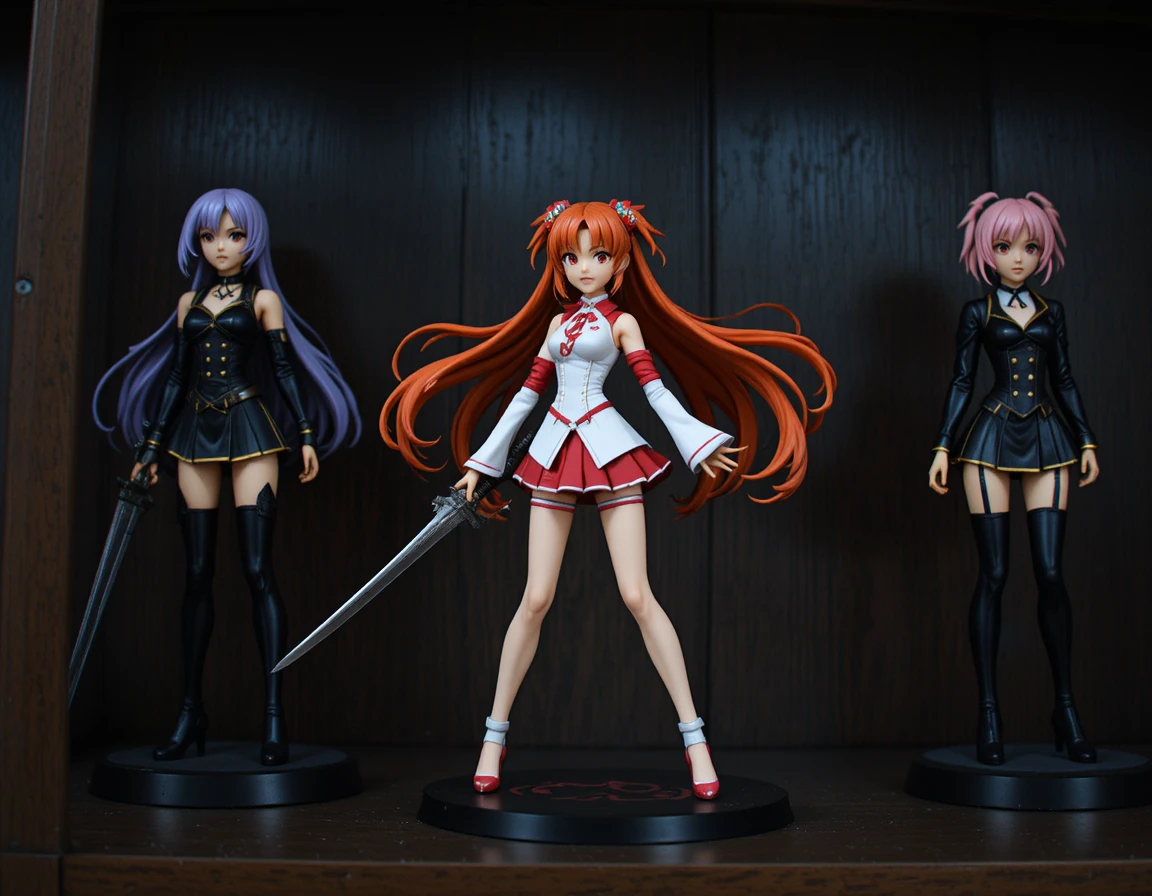 Three anime figurines displayed on a dark wooden shelf