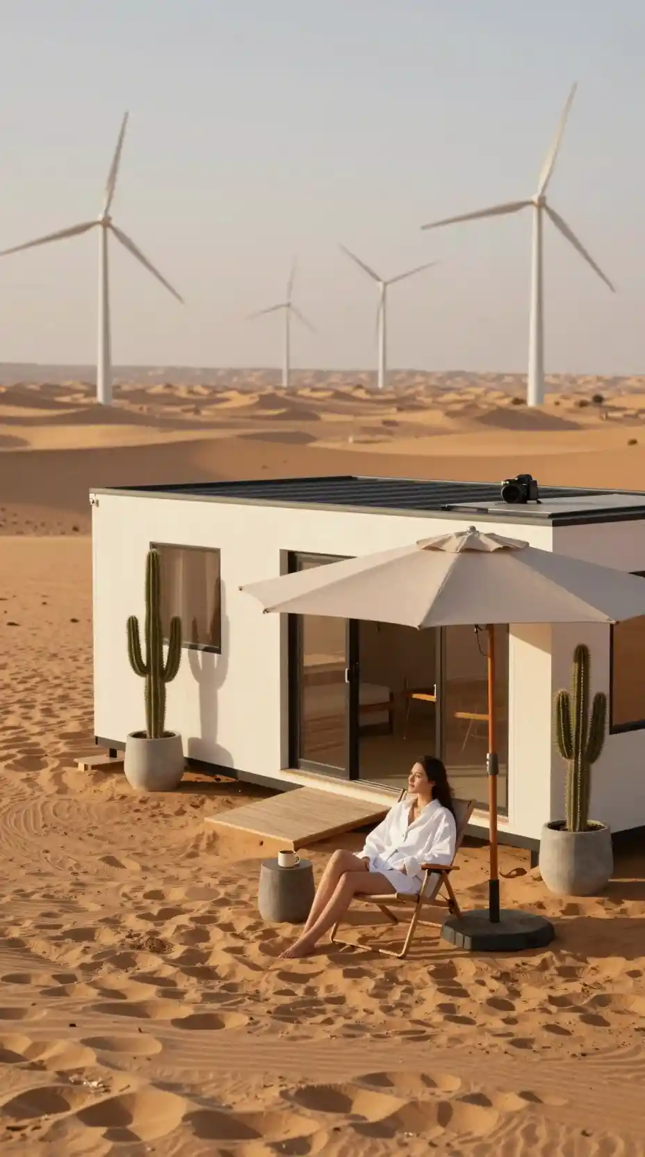 Modern tiny house retreat with woman relaxing in desert
