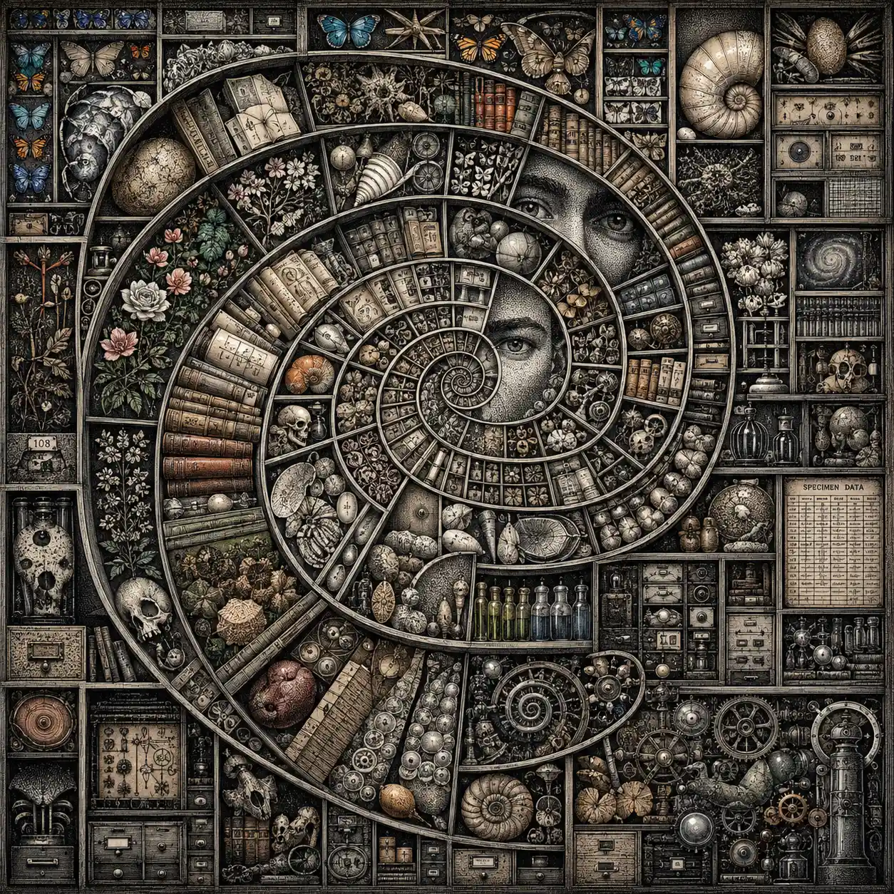 Cabinet de curiosités a spirale con oggetti puntinati intricati
