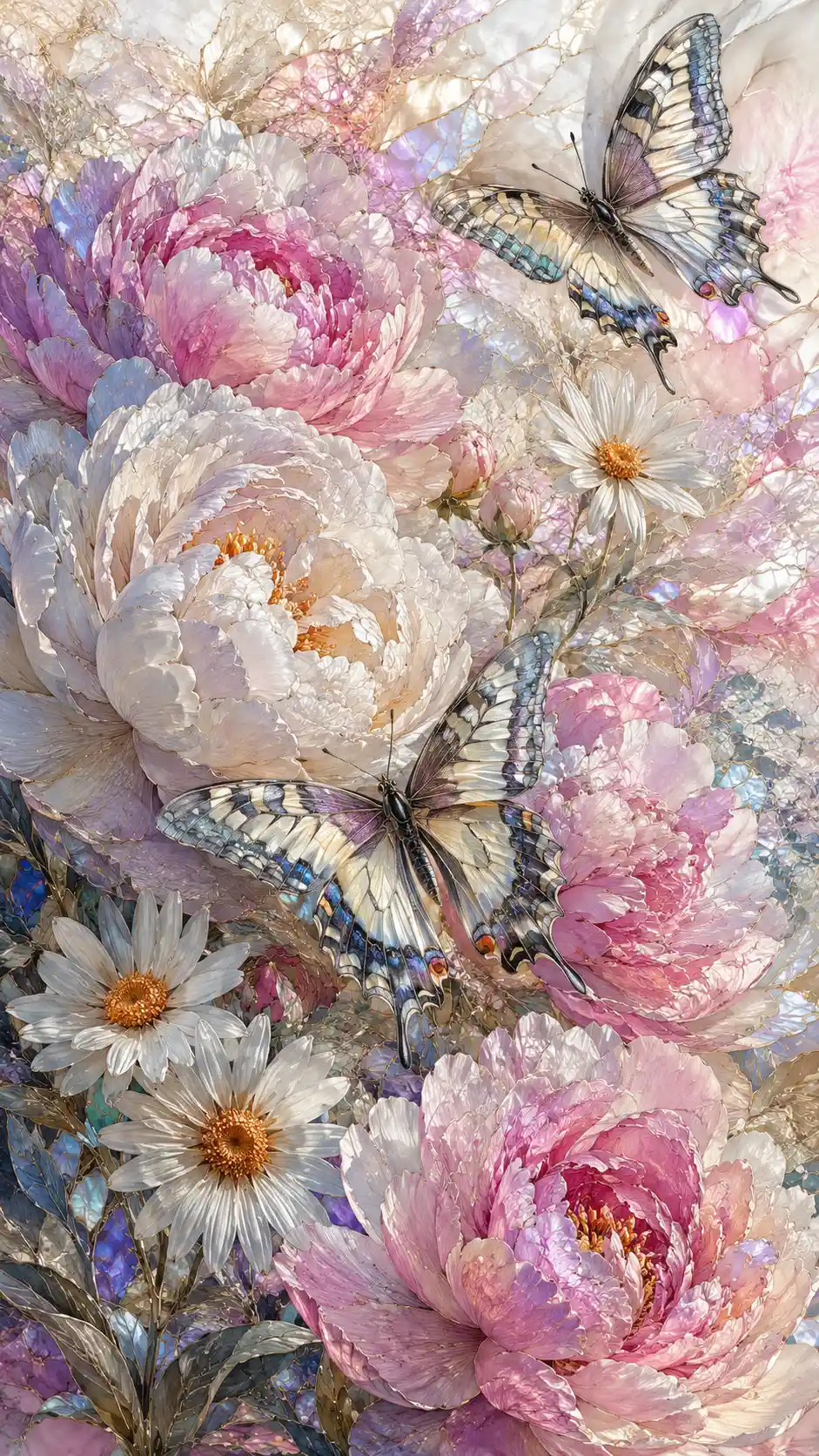 馬賽克風格的花卉與蝴蝶特寫插畫