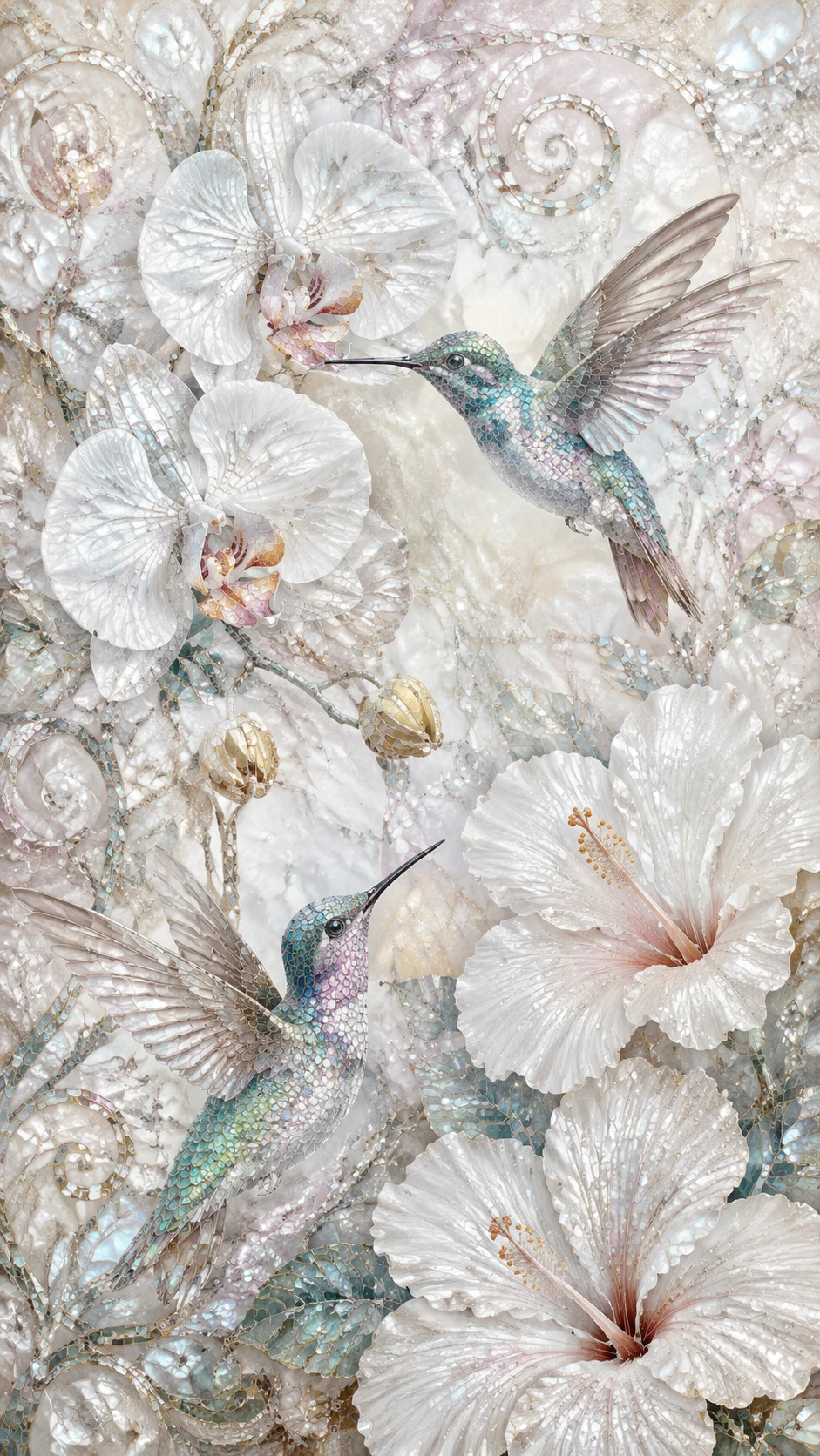Orquídeas blancas y colibríes en arte de mosaico abstracto