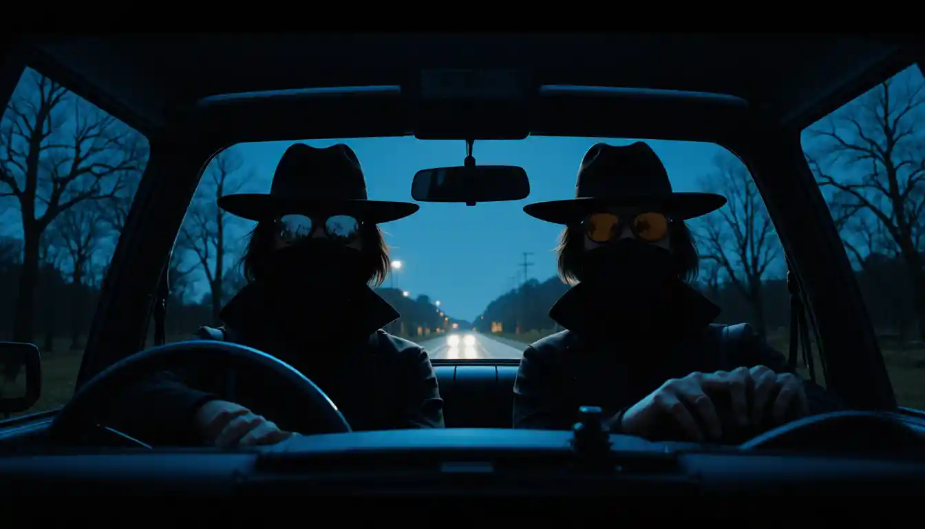 Nighttime car close up with two obscured front silhouettes