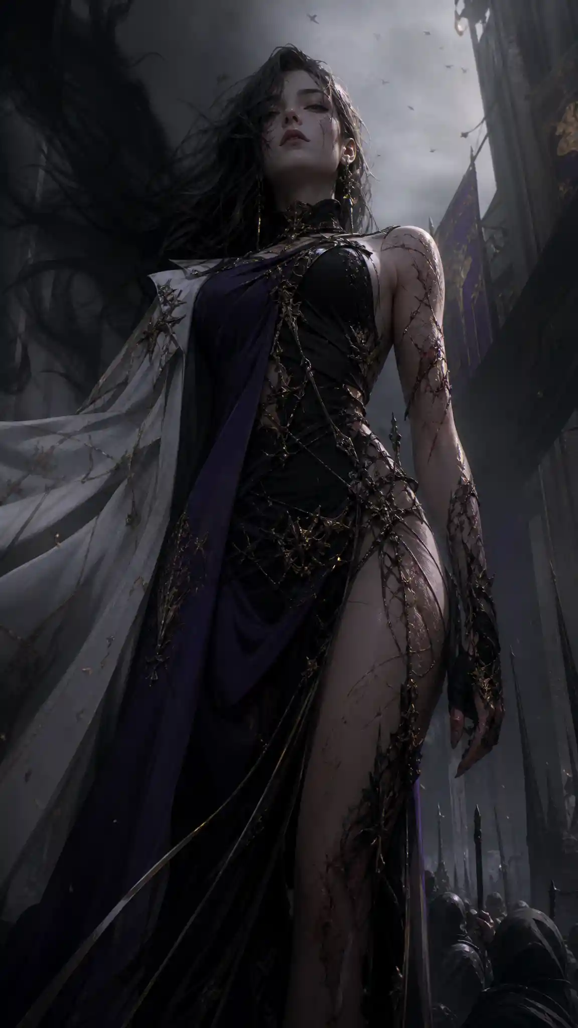 Commanding scarred woman cloaked in shadow and dual light