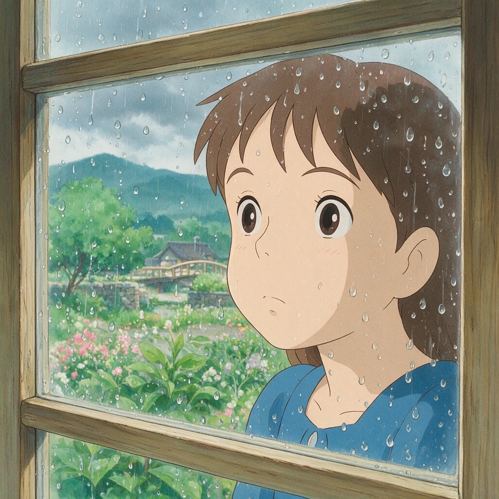 Anime girl gazing through a rainy window in soft light