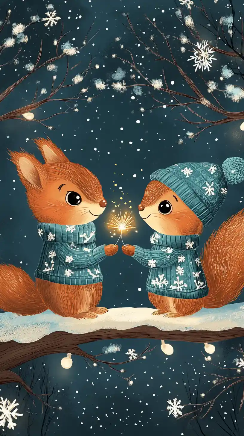 Romantic squirrels on a snowy branch with winter fireworks