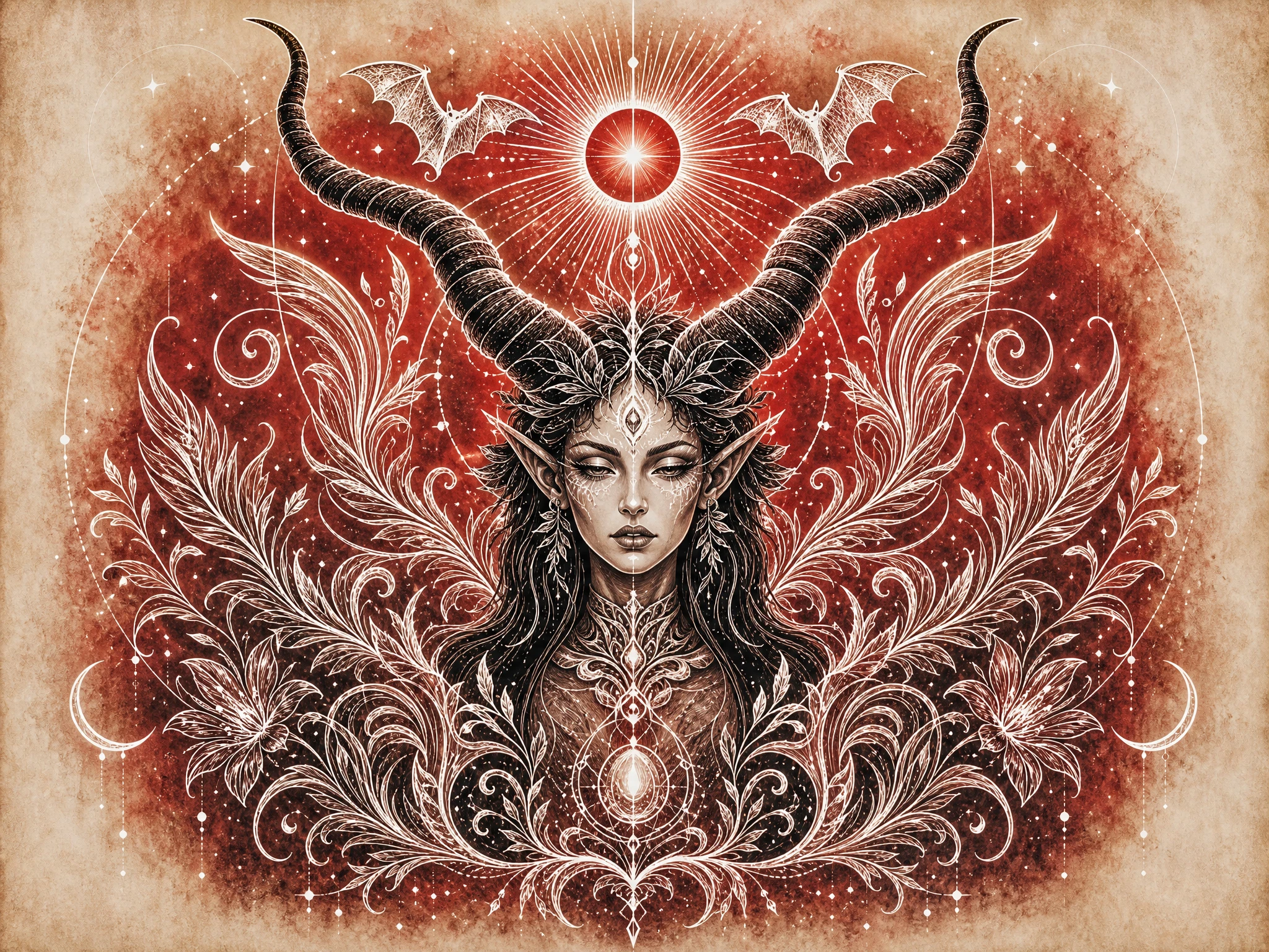 Sacred succubus portrait in luminous red hellscape