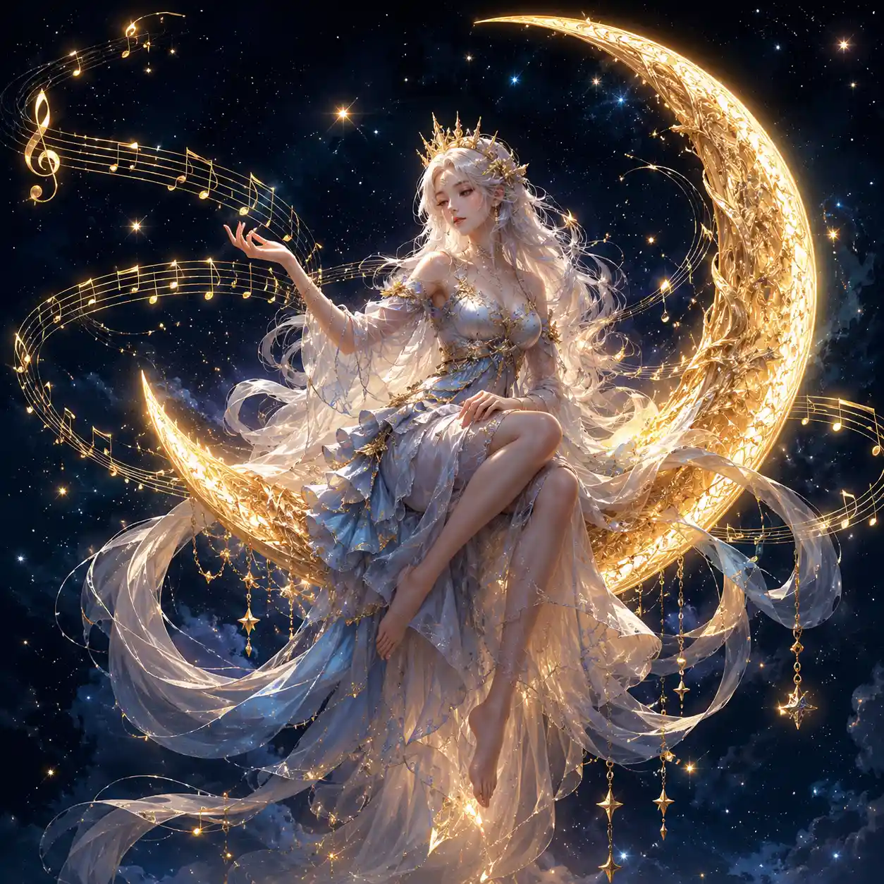 Ethereal woman conducting music on a glowing crescent moon