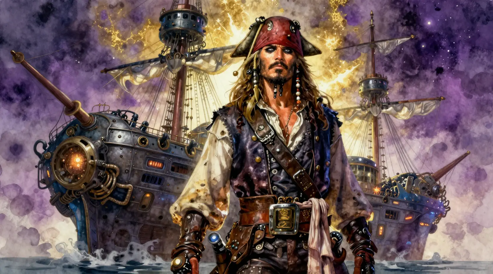Grizzled Space Pirate Captain Before A Colossal Starship